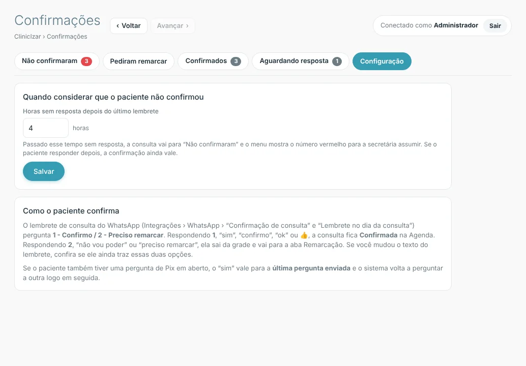 Aba Configuração com o campo Horas sem resposta e explicação de como o paciente confirma
