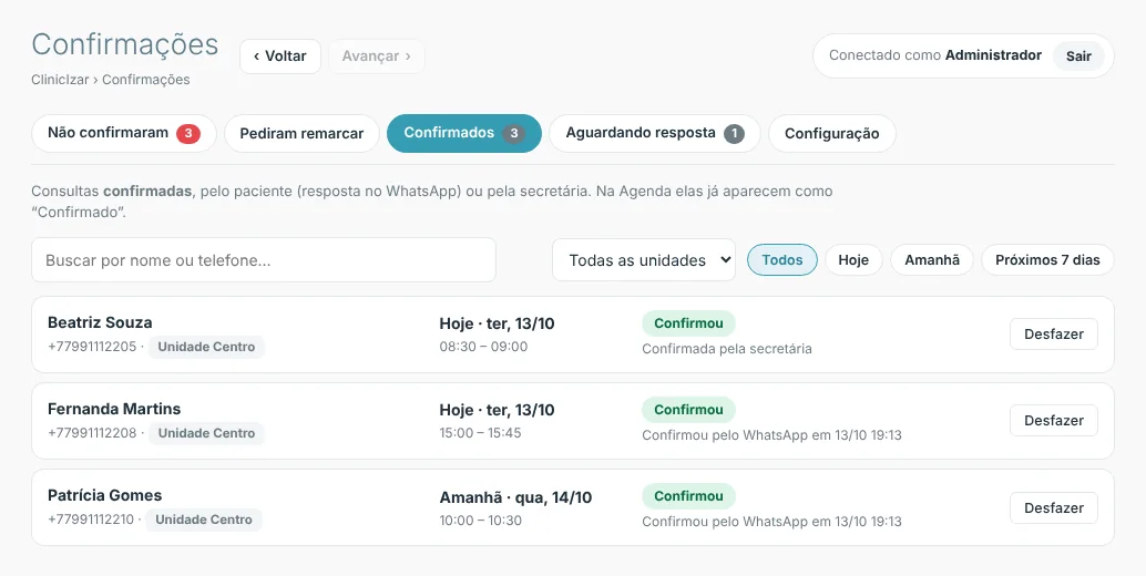 Aba Confirmados com os pacientes que confirmaram pelo WhatsApp ou pela secretaria