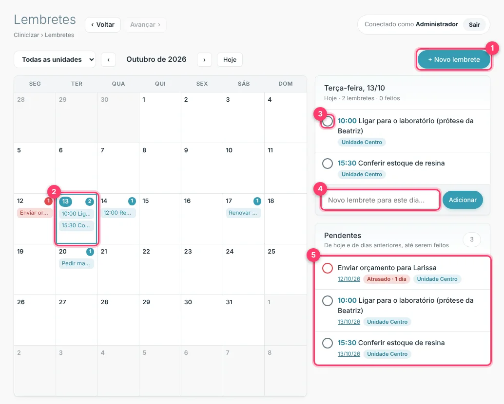 Calendário de lembretes do mês com a lista do dia e os pendentes