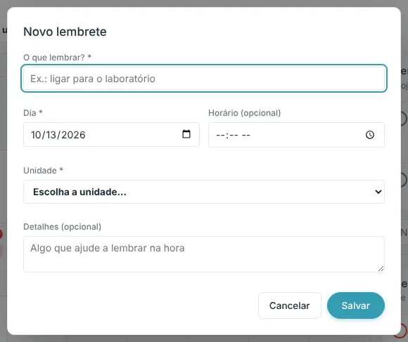 Janela Novo lembrete com título, dia, horário, unidade e detalhes