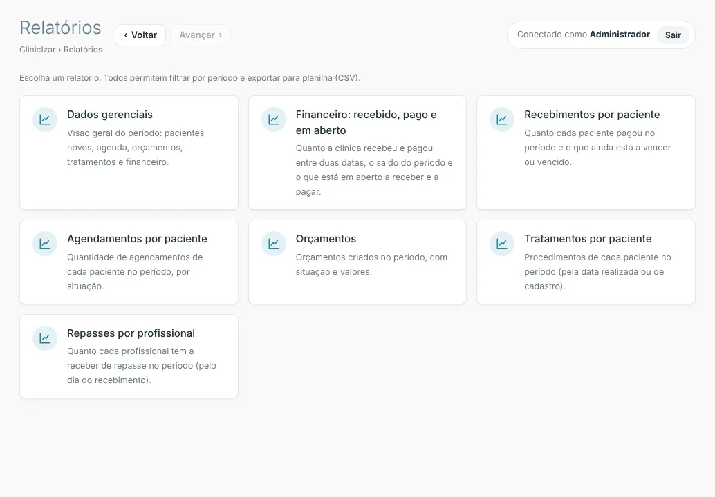 Tela Relatórios com os cartões de cada relatório disponível