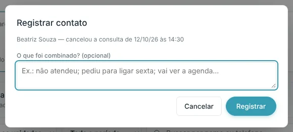 Janela Registrar contato com campo O que foi combinado