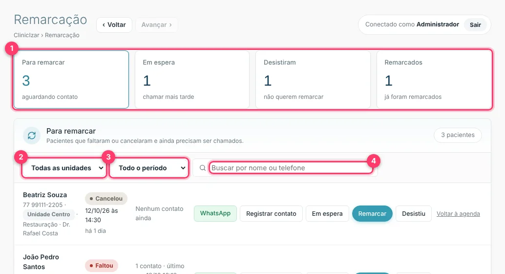 Tela Remarcação com os quadros Para remarcar, Em espera, Desistiram e Remarcados e filtros