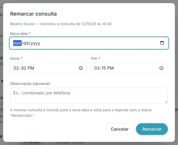 Janela Remarcar consulta com nova data, início, fim e observação