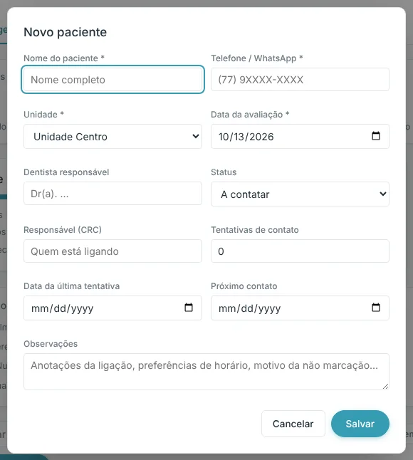 Janela Novo paciente do Resgate com nome, telefone, unidade, data da avaliação, status e próximo contato