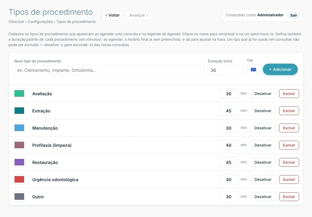 Tela Tipos de procedimento com a lista de tipos, cor e duração