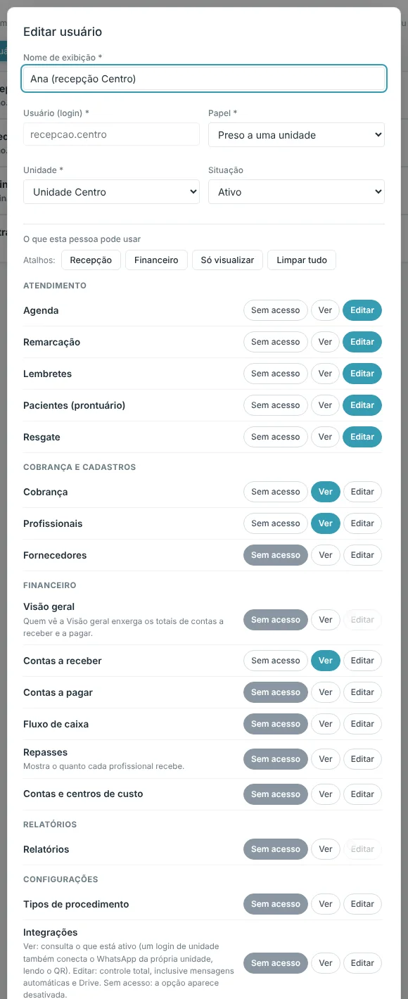 Janela Editar usuário com os níveis de acesso de cada departamento