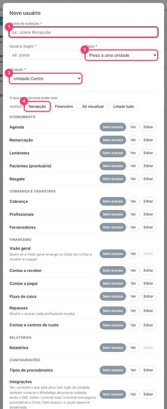 Janela Novo usuário com nome, login, papel, unidade e a lista de permissões por departamento