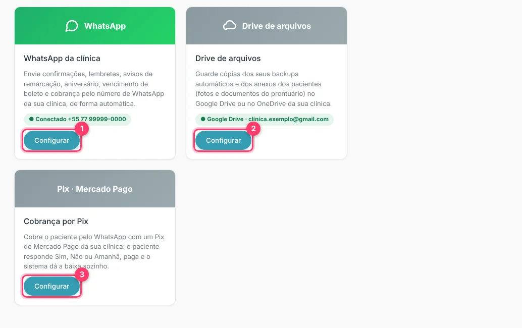 Tela Integrações com os cartões de WhatsApp, Drive de arquivos e Pix com Mercado Pago