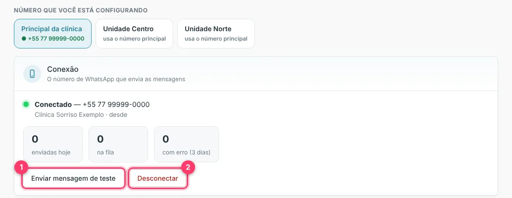 Cartão Conexão com número conectado, contadores e botões de teste e desconectar