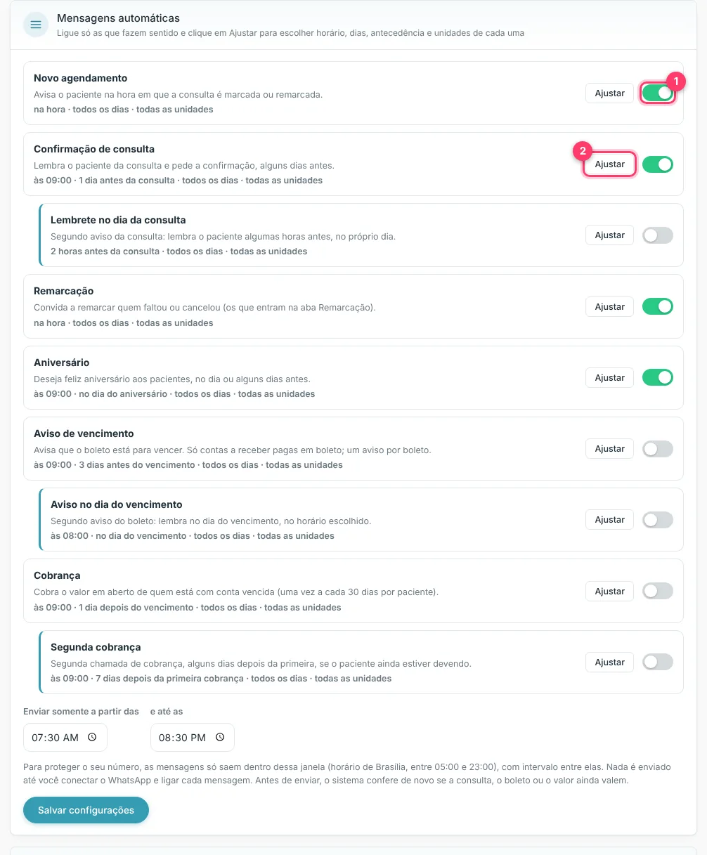 Lista de mensagens automáticas com chave liga/desliga e botão Ajustar