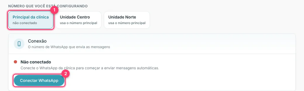 Cartão Conexão mostrando Não conectado e o botão Conectar WhatsApp