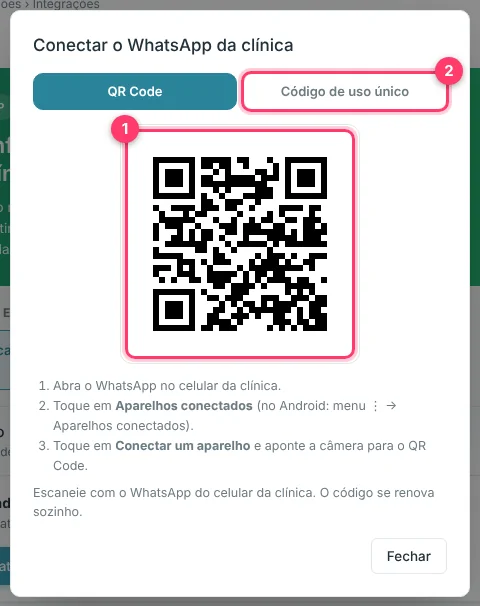 Janela Conectar o WhatsApp da clínica com um QR Code de exemplo